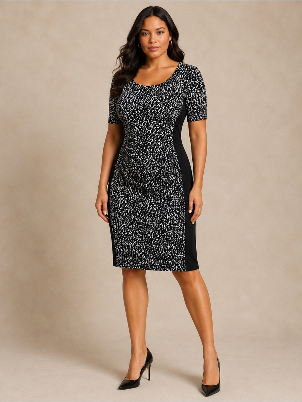 Lauren Ralph Lauren Black White Abstract  Print Sheath dress Size 16 Career Midi